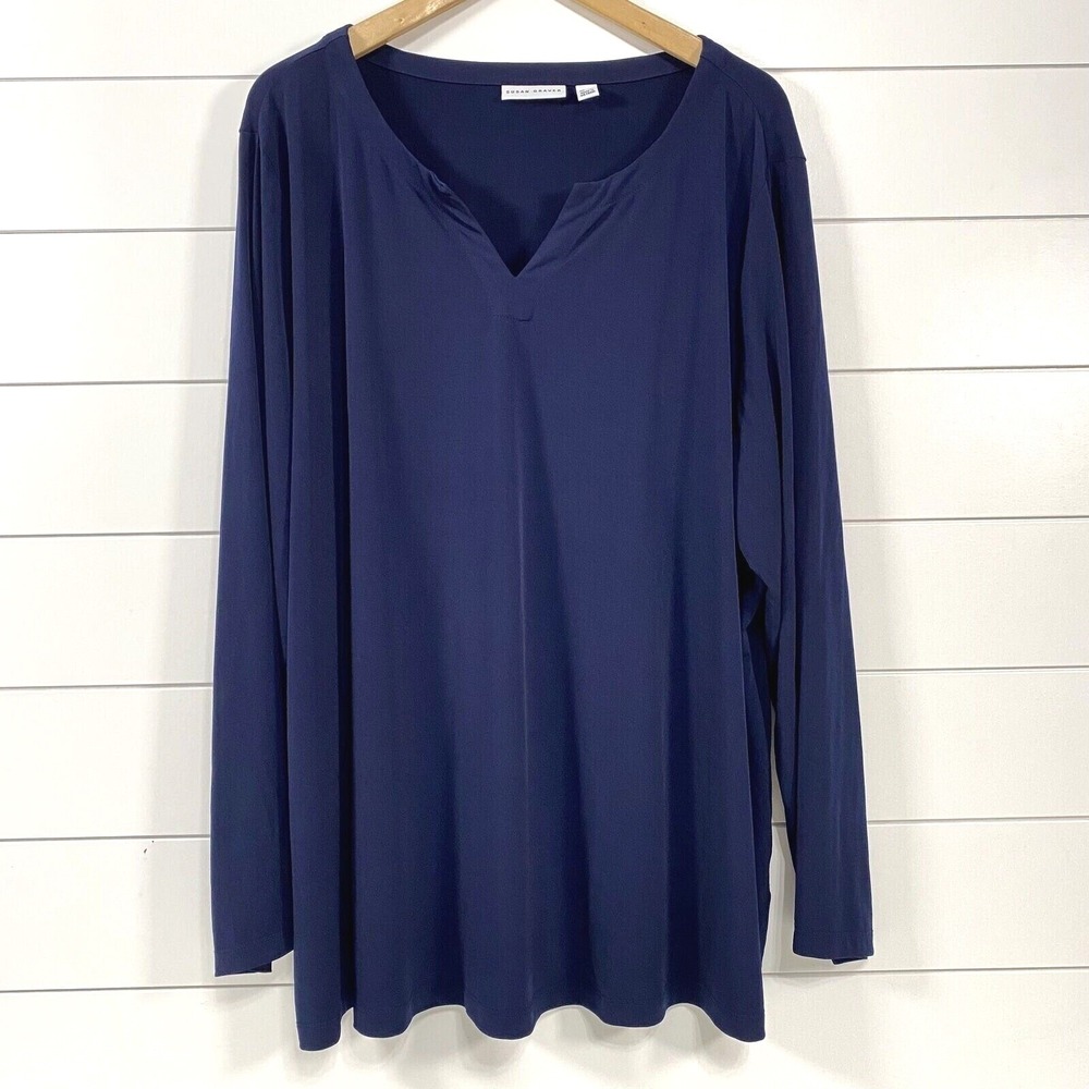 Susan Graver Womens Liquid Knit Split V Neck Long Sleeve Top sz 3X Blue Travel